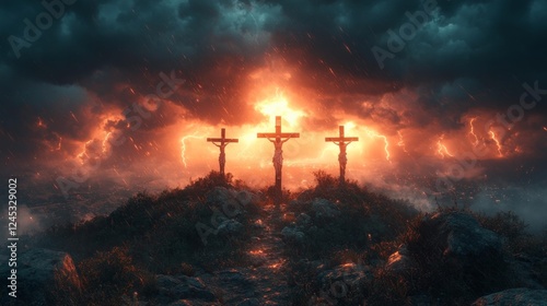 Dramatic Biblical Scene with Crucifixion at Stormy Sunset. Generative AI