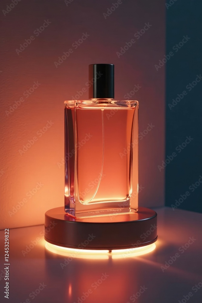 Perfume bottle illuminated by soft LED light on a polished steel base, glow, ambient