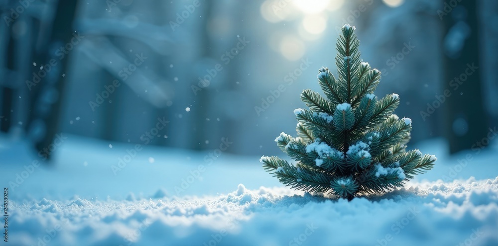 Pine tree in a blanket of delicate white and blue snowflakes, evergreen, winter Pine tree in a blanket of delicate white and blue snowflakes, evergreen, winter