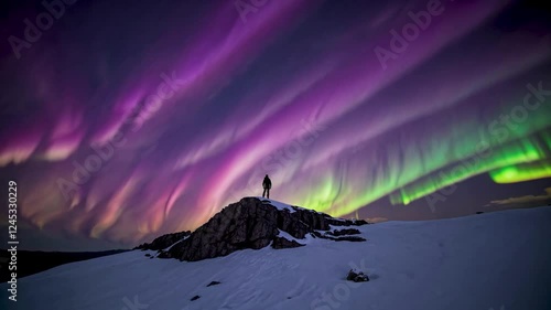 Wallpaper Mural A lone traveler stands on a snowy peak, admiring the mesmerizing purple and pink northern lights in the night sky. Concept of adventure and natural wonder Torontodigital.ca