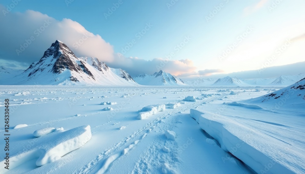 Snowy and icy terrain with distant mountains in the background at Northern tip of Prins Karls Forland Spitsbergen, icy, snowy terrain Snowy and icy terrain with distant mountains in the background at Northern tip of Prins Karls Forland Spitsbergen, icy, snowy terrain