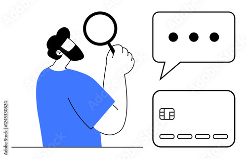 Man holding magnifying glass while looking at speech bubble with ellipsis and credit card chip. Ideal for banking, online security, financial services, user feedback, customer support, analysis