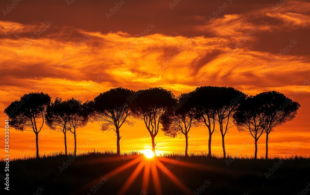 Obraz premium Dramatic sunset with silhouetted pine trees against vibrant orange sky