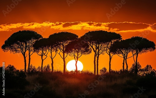 Silhouette of pine trees at sunset with vibrant orange sky and clouds photo