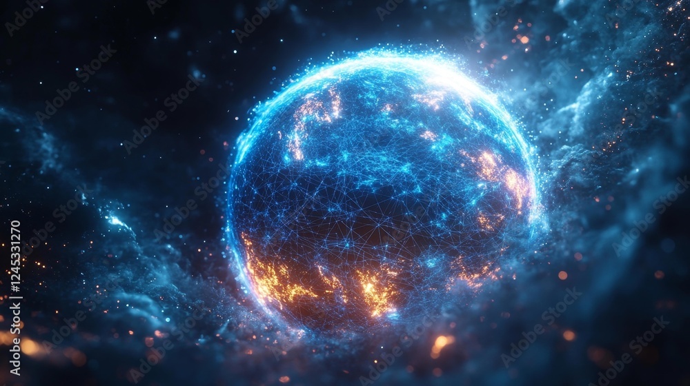 Stunning Visual of Digital Network Globe with Fiery Connections. Generative AI Stunning Visual of Digital Network Globe with Fiery Connections. Generative AI