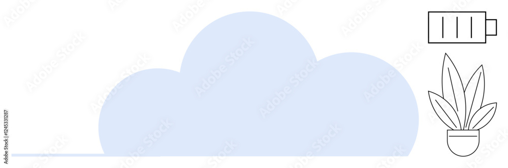 Cloud icon symbolizes data storage with a battery indicating energy efficiency and a potted plant representing growth. Ideal for technology, growth, sustainability, connectivity, energy efficiency Cloud icon symbolizes data storage with a battery indicating energy efficiency and a potted plant representing growth. Ideal for technology, growth, sustainability, connectivity, energy efficiency