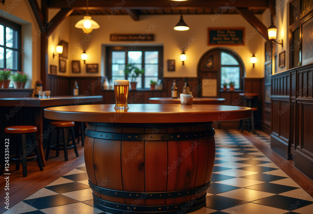 Rustic Wooden Beer Barrel and Table in Traditional Pub Interior Rustic Wooden Beer Barrel and Table in Traditional Pub Interior