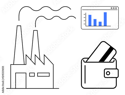 Industrial factory emitting smoke, financial bar graph on screen, wallet holding credit card. Ideal for finance, industry, economic growth, business analysis, production, industrial economy