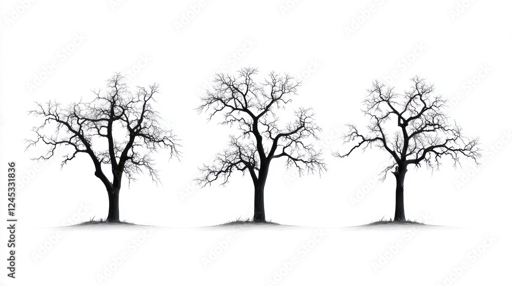 Three bare trees, winter scene, white background, nature illustration Three bare trees, winter scene, white background, nature illustration