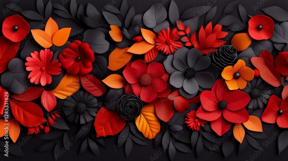Artistic Floral Arrangement: A close-up shot of handcrafted, intricate floral arrangement composed of vibrant, layered paper blooms and leaves. A rich tapestry of red, black. Artistic Floral Arrangement: A close-up shot of handcrafted, intricate floral arrangement composed of vibrant, layered paper blooms and leaves. A rich tapestry of red, black.
