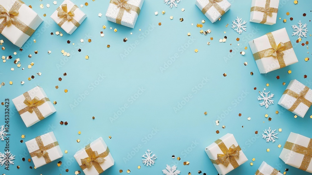 Minimalist Christmas background with golden and white gift boxes- snowflakes- and confetti on a blue pastel-colored surface. Flat-lay style for a holiday banner Minimalist Christmas background with golden and white gift boxes- snowflakes- and confetti on a blue pastel-colored surface. Flat-lay style for a holiday banner