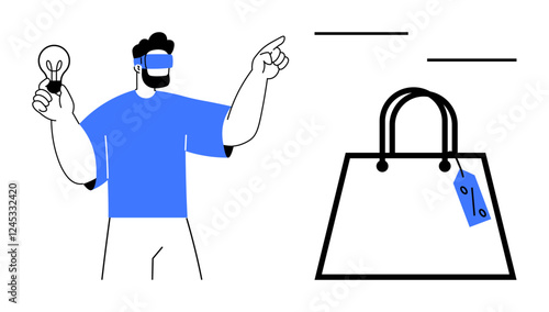 Man wearing a VR headset holds light bulb and points toward shopping bag with sales tag. Ideal for technology, innovation, e-commerce, online shopping, virtual reality, business, marketing. Abstract