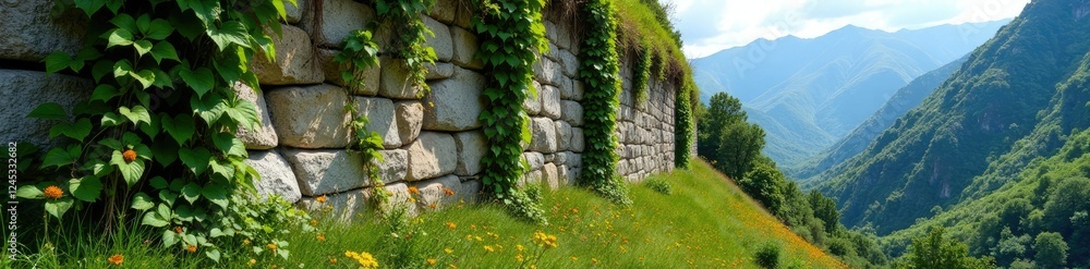 Fototapeta premium Vines climbing up a rocky wall in the Adygea mountains, greenery, mountains, flowers