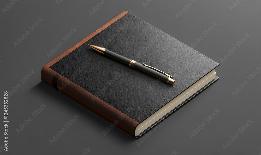 Closed journal, pen, dark desk, planning, office Closed journal, pen, dark desk, planning, office
