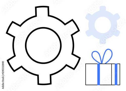 Large black gear next to blue-outlined gift box with bow, smaller faded gear in background. Ideal for business presentations, teamwork, rewards, mechanics, productivity, systems, and engineering photo