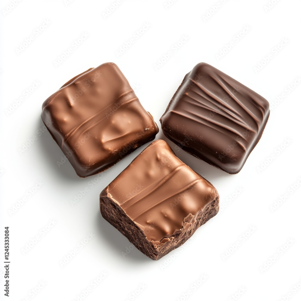 Milk, dark, and milk chocolate squares on white background, studio shot, confectionery Milk, dark, and milk chocolate squares on white background, studio shot, confectionery