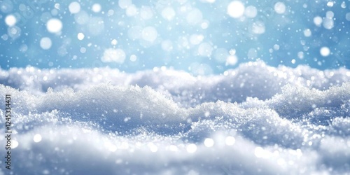 Winter snow background with snowdrifts- with beautiful light and snow flakes on the blue sky in the evening- banner format- copy space
