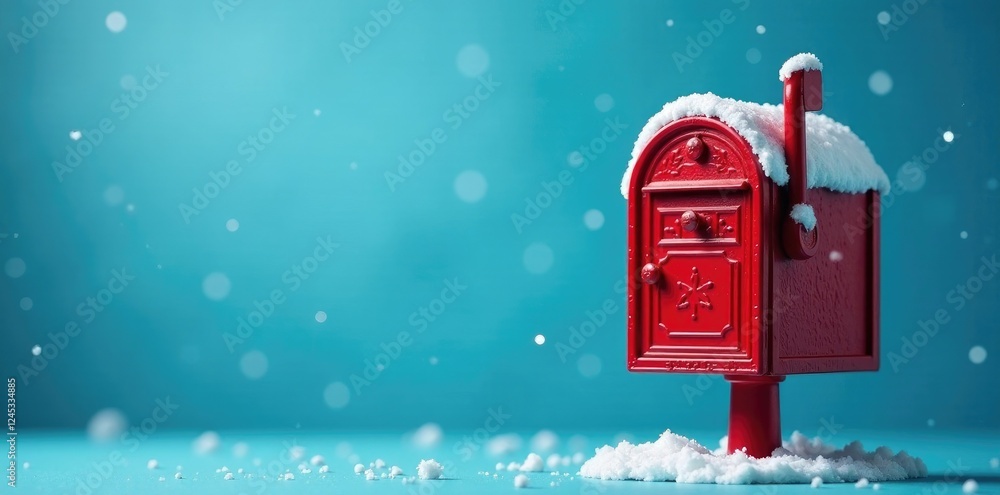 Blue background with a red Christmas mailbox and snow, snowy, mailbox Blue background with a red Christmas mailbox and snow, snowy, mailbox