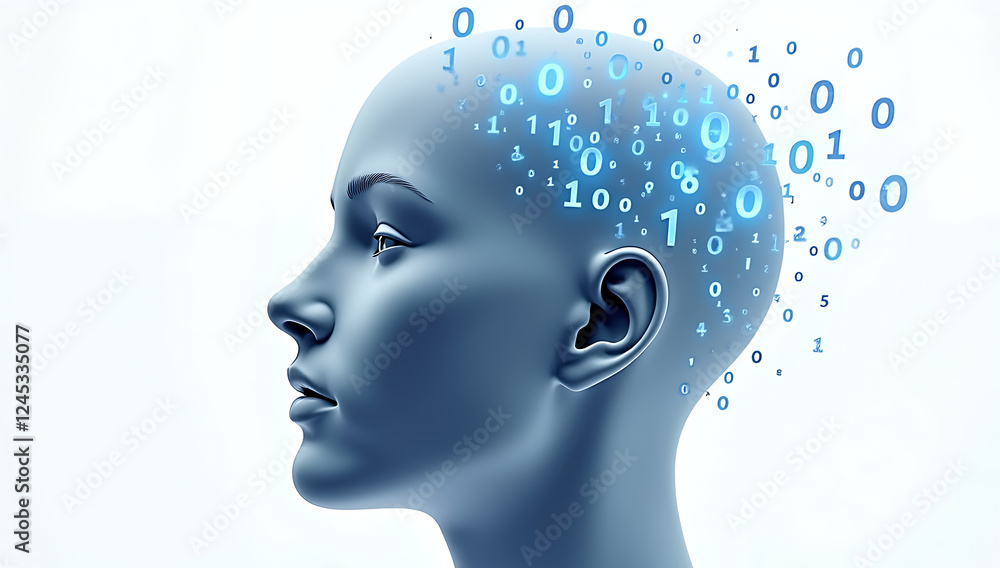 Obraz premium A simple 3D render of a human head with glowing binary numbers pouring out like a waterfall, symbolizing information overload, placed on a plain white background.