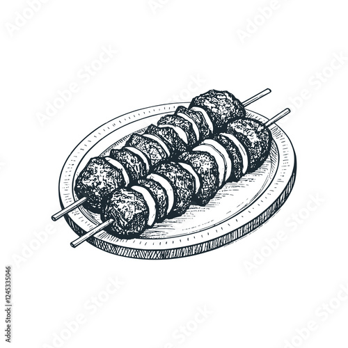 Satay. The meat barbecue of Indonesia. Black white icon vector and icon illustration.