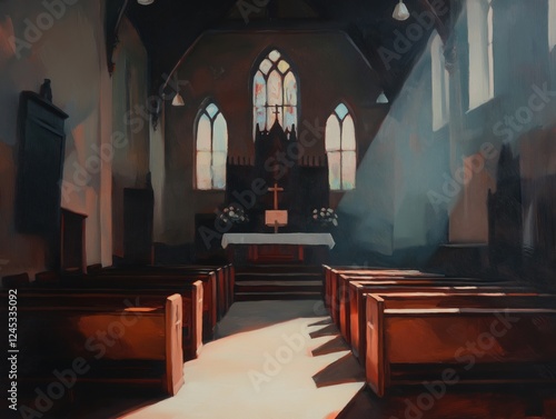 Sun rays streaming through a stained glass window illuminate the empty church, highlighting the wooden pews and altar in a serene atmosphere photo