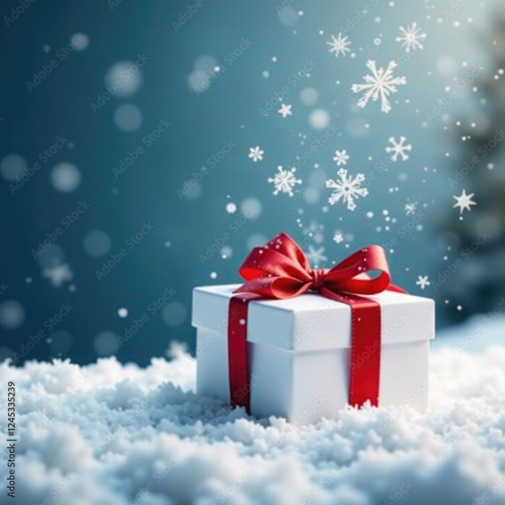 Delicate snowflakes fall on a snowy ground in a white gift box with red ribbon, winter, present, paper Delicate snowflakes fall on a snowy ground in a white gift box with red ribbon, winter, present, paper