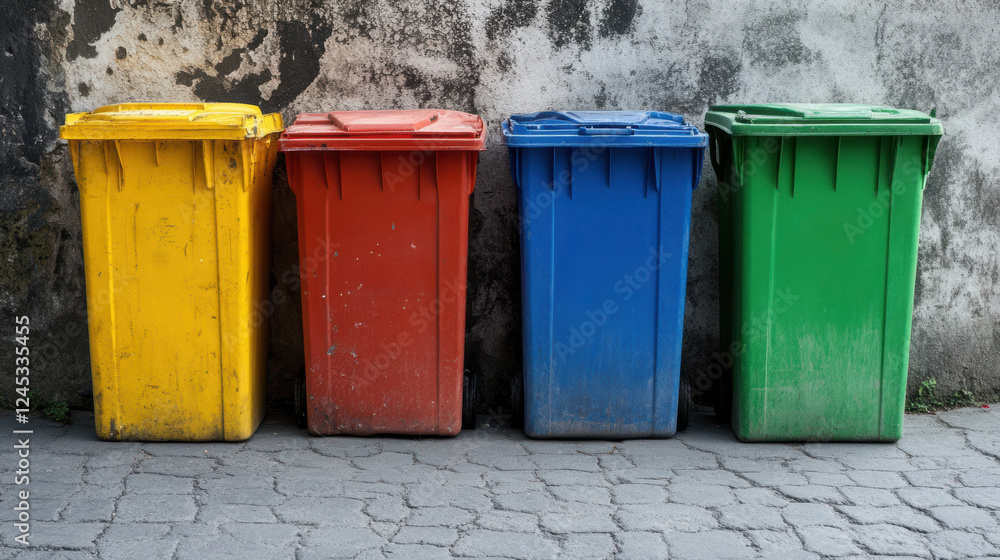 Four trash cans are lined up against a wall Four trash cans are lined up against a wall
