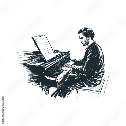 The pianist sketch drawing. Black white icon vector and icon illustration.