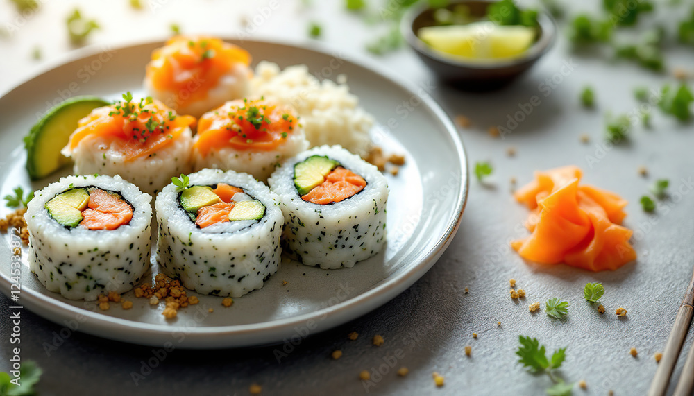 Delicious Salmon Avocado Sushi Rolls Rice Garnish Delicious Salmon Avocado Sushi Rolls Rice Garnish