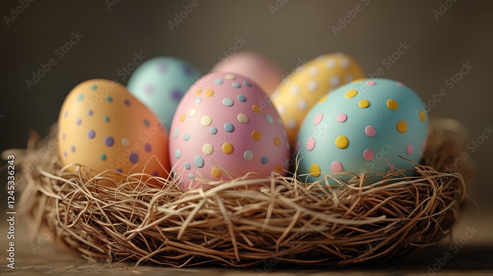 Colorful polka dot easter eggs in nest displayed against soft focus background Colorful polka dot easter eggs in nest displayed against soft focus background