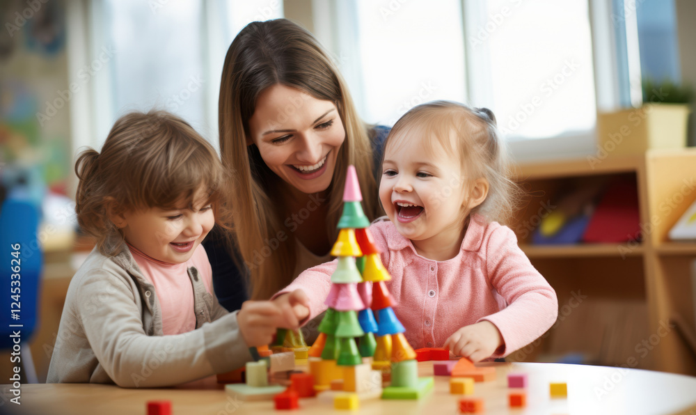Fototapeta premium A woman is playing with two young children
