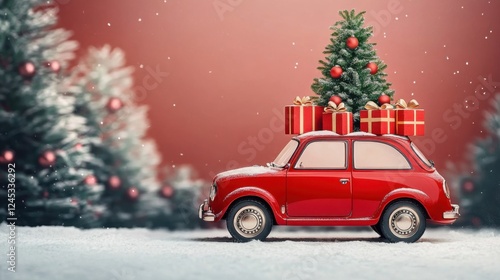 Red retro car with christmas tree and gift boxes on the top. Merry Christmas and a Happy New Year concept