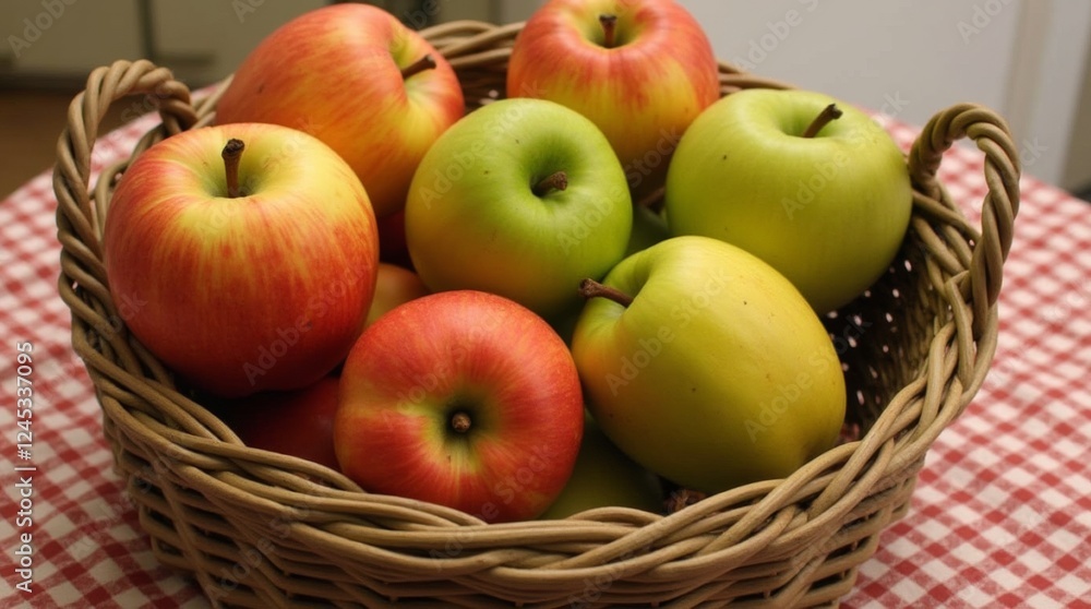 A charming basket filled with assorted apples, including red and green varieties, set on a checkered tablecloth A charming basket filled with assorted apples, including red and green varieties, set on a checkered tablecloth