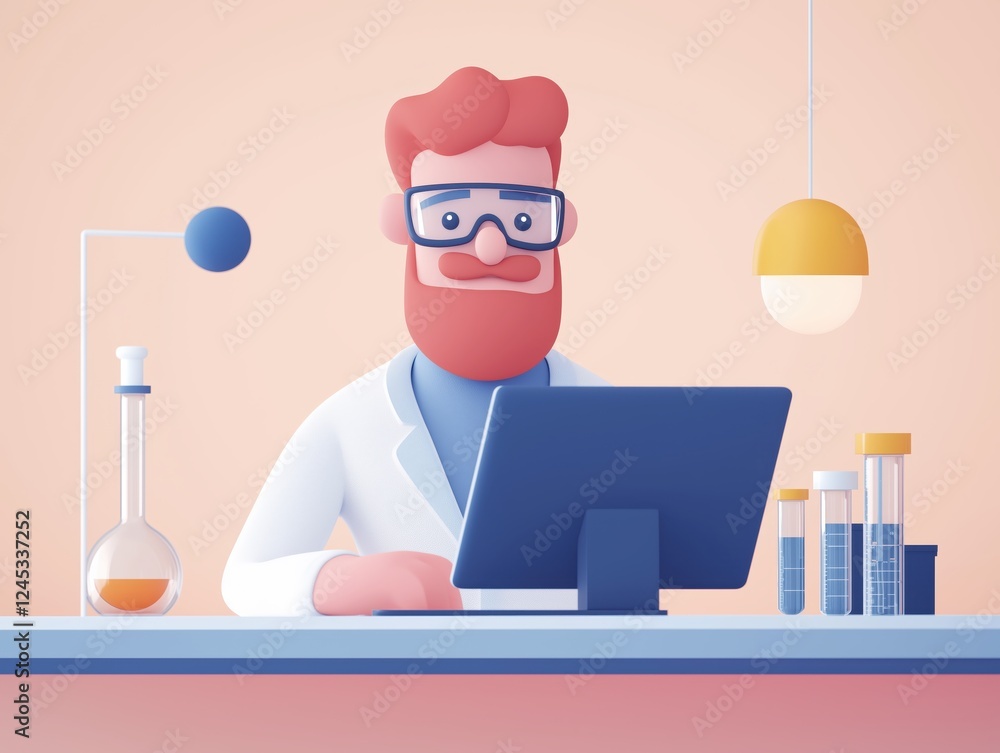 3d illustration of scientist working with laptop in laboratory using test tubes and flasks, doing research and experiments 3d illustration of scientist working with laptop in laboratory using test tubes and flasks, doing research and experiments