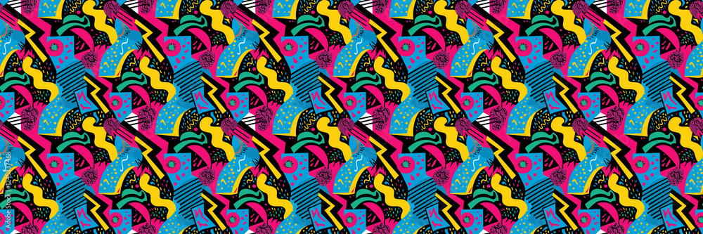 Seamless pattern with geometric shapes in the style. Multicolored vintage background with triangles, circles and squares for textile, fabric and Sudanese fabric art. Seamless pattern with geometric shapes in the style. Multicolored vintage background with triangles, circles and squares for textile, fabric and Sudanese fabric art.