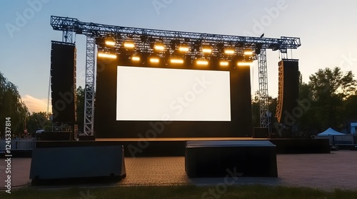 A full-frame view of an outdoor concert stage featuring a large white screen and an expansive LED video wall at sunset. The scene is illuminated by professional stage lighting