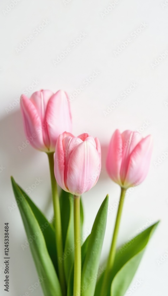 Pastel pink tulips against white background with a subtle copy space, greenery, spring flowers, modern Pastel pink tulips against white background with a subtle copy space, greenery, spring flowers, modern