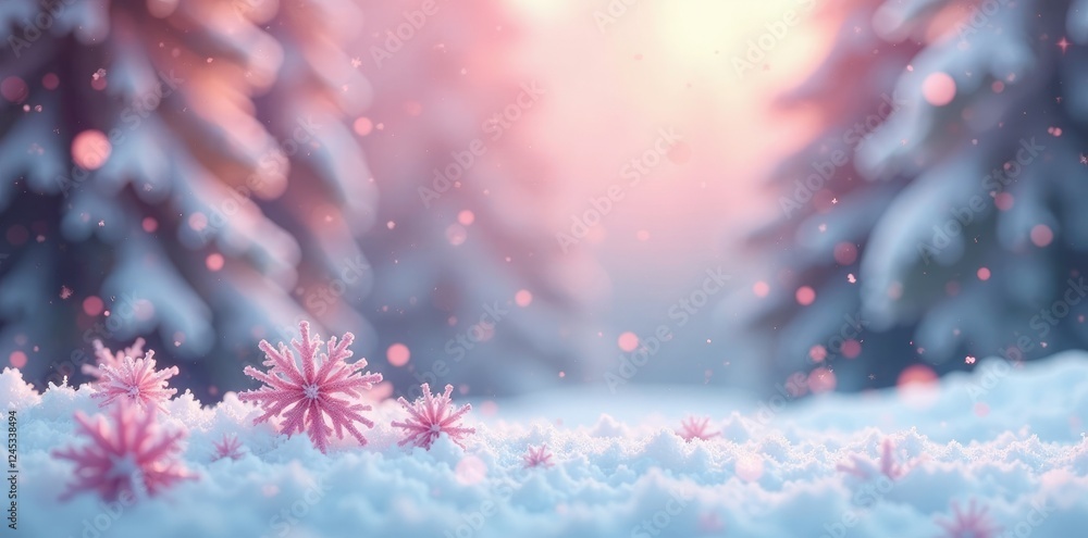 Pastel pink snowflakes falling gently on a winter wonderland background, christmas, icy Pastel pink snowflakes falling gently on a winter wonderland background, christmas, icy