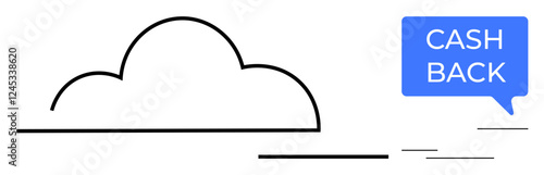 Abstract line cloud merged with sleek horizontal lines and blue speech bubble stating CASH BACK. Ideal for technology, finance, e-commerce, customer rewards, online savings, digital wallets, cloud