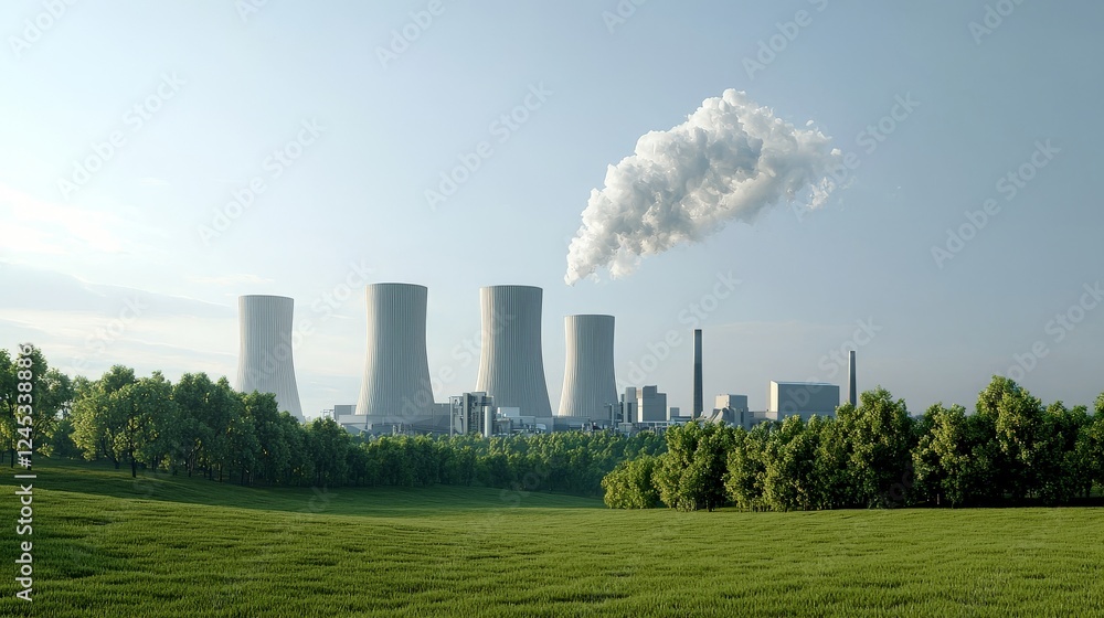 Achieving Net Zero for a Sustainable Future with Lasting Impact, Industrial landscape featuring cooling towers amid lush greenery and smoke emissions in a clear sky.
