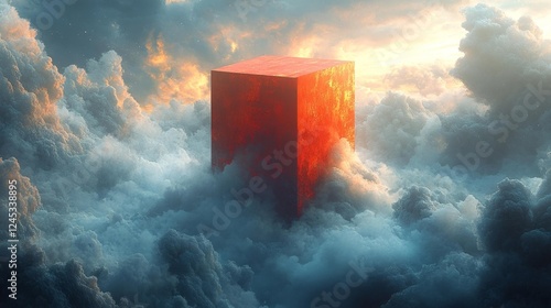 Mysterious Fiery Cube Floating in Clouds. Generative AI photo