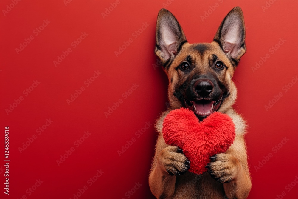 Obraz premium Belgian malinois - my desired dog. Promotion conceptual art. Cute belgian malinois doggy with fluffy red heart - sign of love, funny greeting card. Valentine's pet decorations. Dog and heart.
