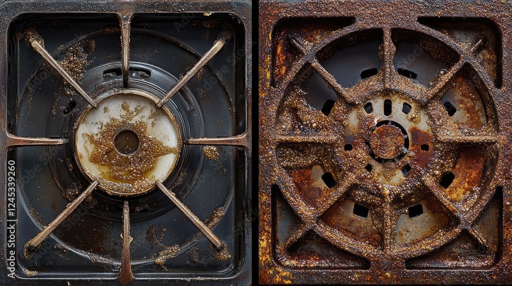 Fototapeta premium A before-and-after shot of a gas stove grate after ammonia cleaning.