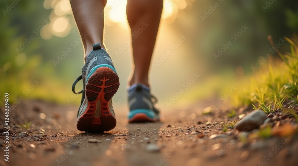 A pair of well-used running shoes on a rugged dirt trail, captured in soft morning light, emphasizing fitness, endurance, and adventure. A pair of well-used running shoes on a rugged dirt trail, captured in soft morning light, emphasizing fitness, endurance, and adventure.