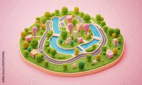 Miniature city map, waterways, parks, location markers, pink background; ideal for navigation apps