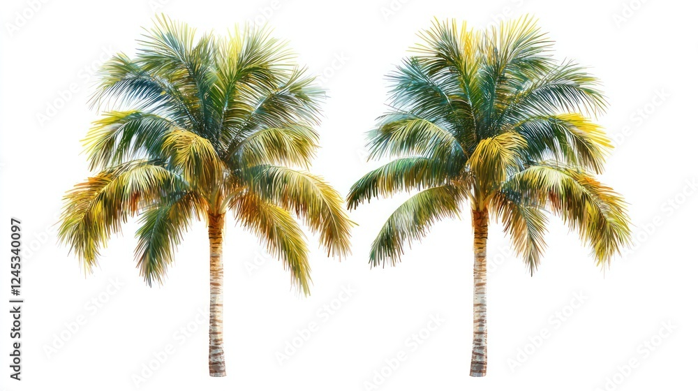 Obraz premium Two palm trees, tropical paradise, white background, vacation