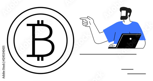 Man with beard and blue shirt working on a laptop indicates large Bitcoin symbol. Ideal for finance, cryptocurrency, investment, blockchain, technology, digital money, online trading themes. Abstract