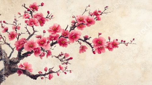 Bright pink peony floral tree design on a neutral white background 