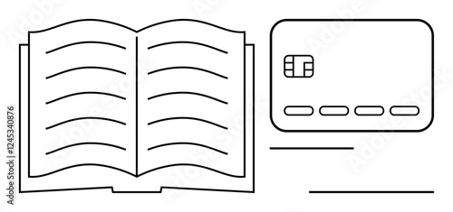 Open book with lines, credit card outline with chip and digits. Ideal for education, finance, learning, online transactions, libraries, banking e-commerce. Line metaphor