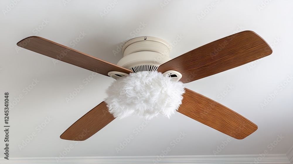 A ceiling fan with a fluffy pillowcase draped over the blades to remove dust. A ceiling fan with a fluffy pillowcase draped over the blades to remove dust.